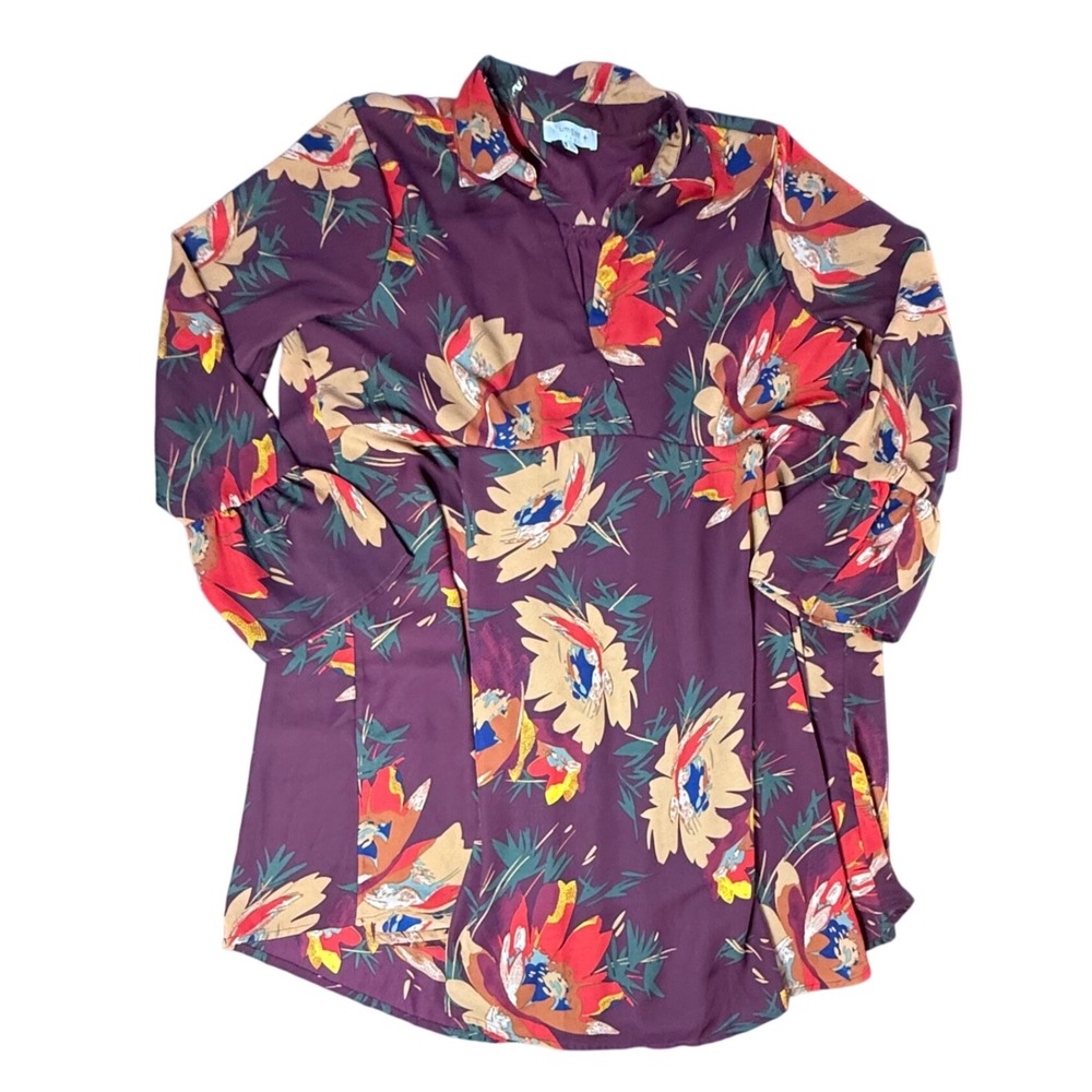 umgee USA Floral Print‎ Button Up Shirt Long Sleeve Burgundy Gold Red XL